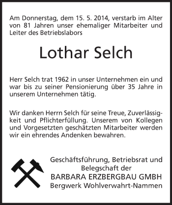 Anzeige von Lothar Selch von Mindener Tageblatt