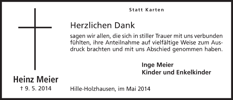 Traueranzeige für Heinz Meier vom 29.05.2014 aus Mindener Tageblatt
