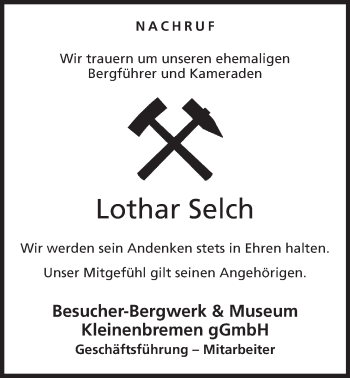 Anzeige von Lothar Selch von Mindener Tageblatt