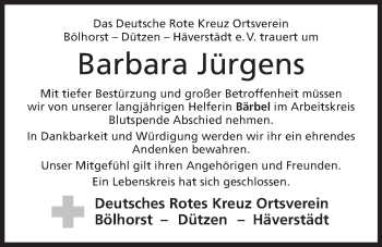 Anzeige von Barbara Jürgens von Mindener Tageblatt