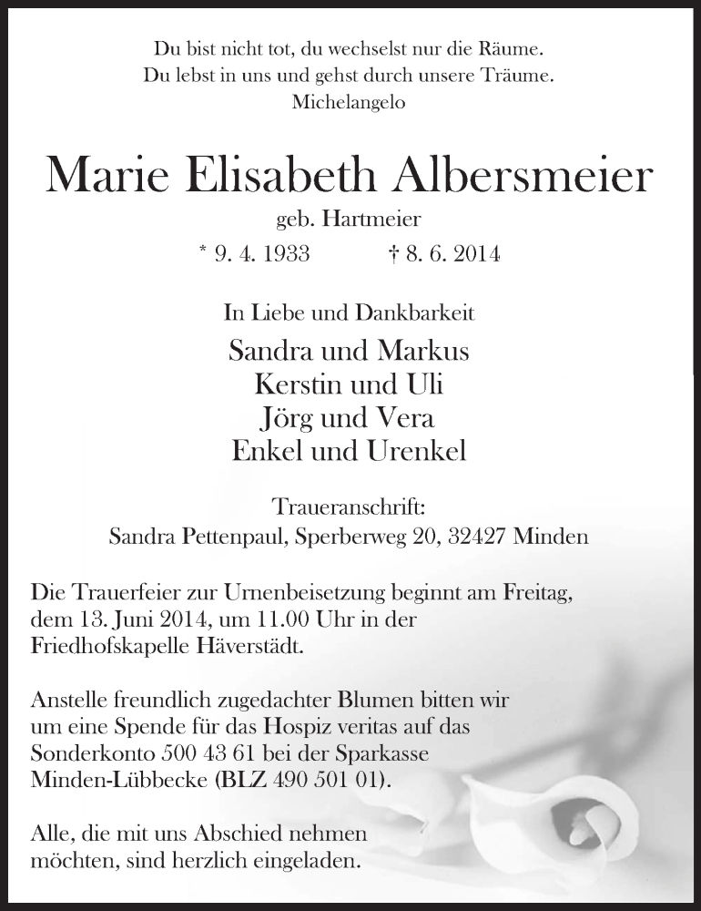  Traueranzeige für Marie Elisabeth Albersmeier vom 11.06.2014 aus Mindener Tageblatt