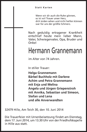 Anzeige von Hermann Grannemann von Mindener Tageblatt