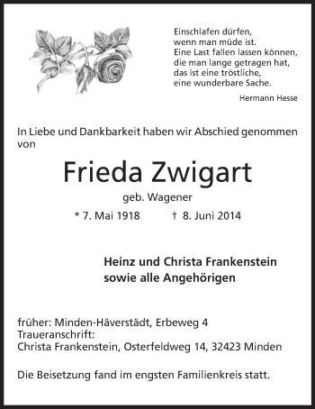 Anzeige von Frieda Zwiegart von Mindener Tageblatt