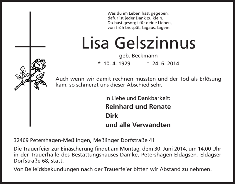  Traueranzeige für Lisa Gelszinnus vom 26.06.2014 aus Mindener Tageblatt