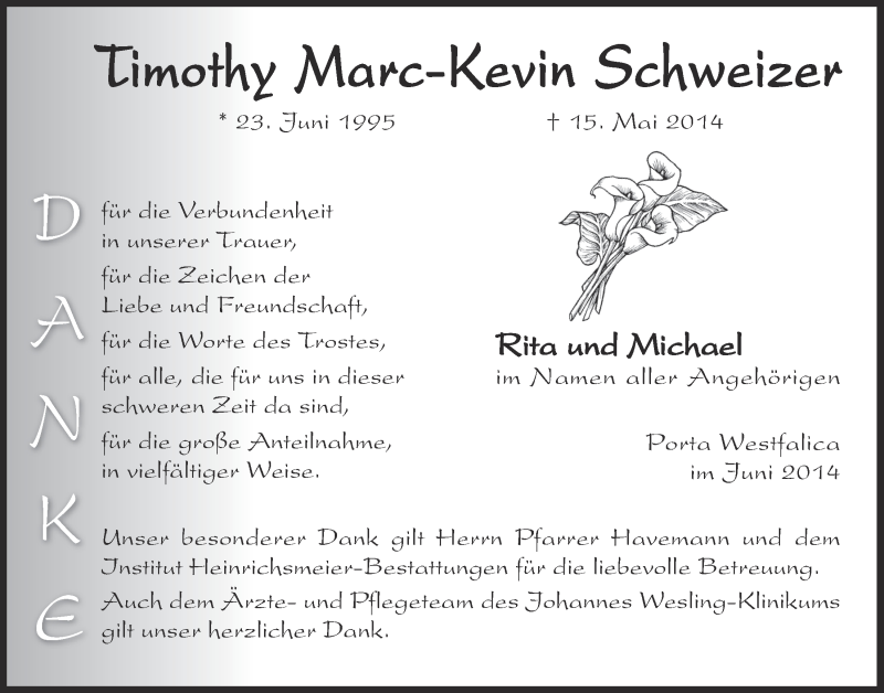  Traueranzeige für Timothy Marc-Kevin  Schweizer vom 28.06.2014 aus Mindener Tageblatt