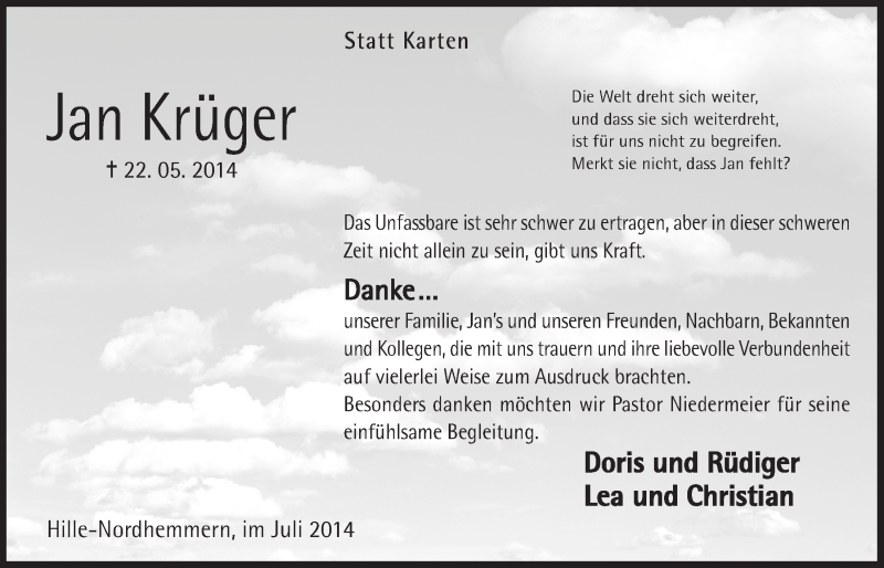  Traueranzeige für Jan Krüger vom 05.07.2014 aus Mindener Tageblatt