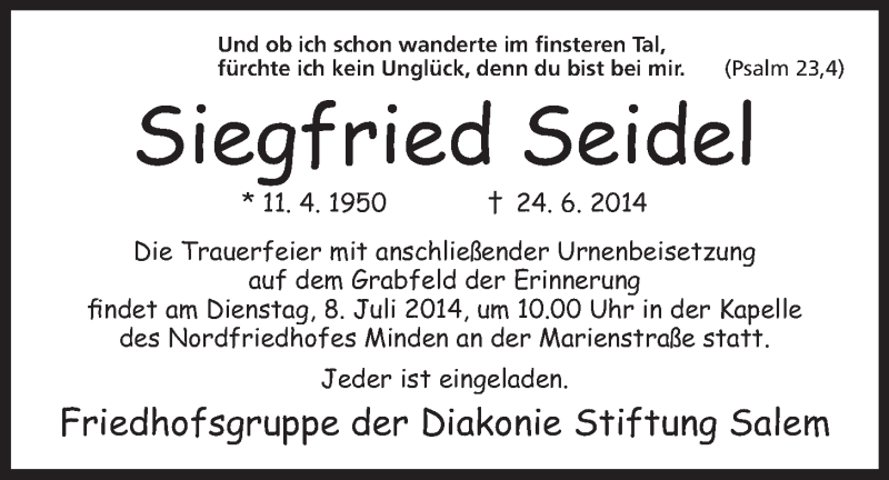  Traueranzeige für Siegfried Seidel vom 05.07.2014 aus Mindener Tageblatt