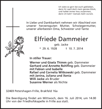 Anzeige von Elfriede Dammeier von Mindener Tageblatt