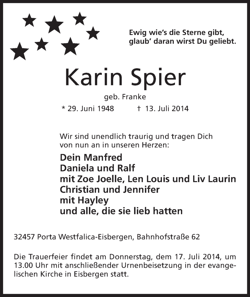  Traueranzeige für Karin Spier vom 14.07.2014 aus Mindener Tageblatt