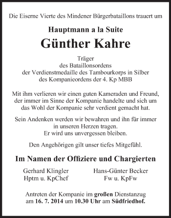 Anzeige von Günther Kahre von Mindener Tageblatt