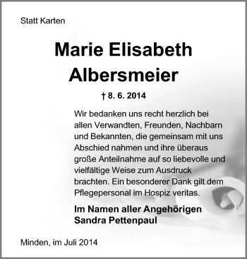 Anzeige von Marie Elisabeth Albersmeier von Mindener Tageblatt