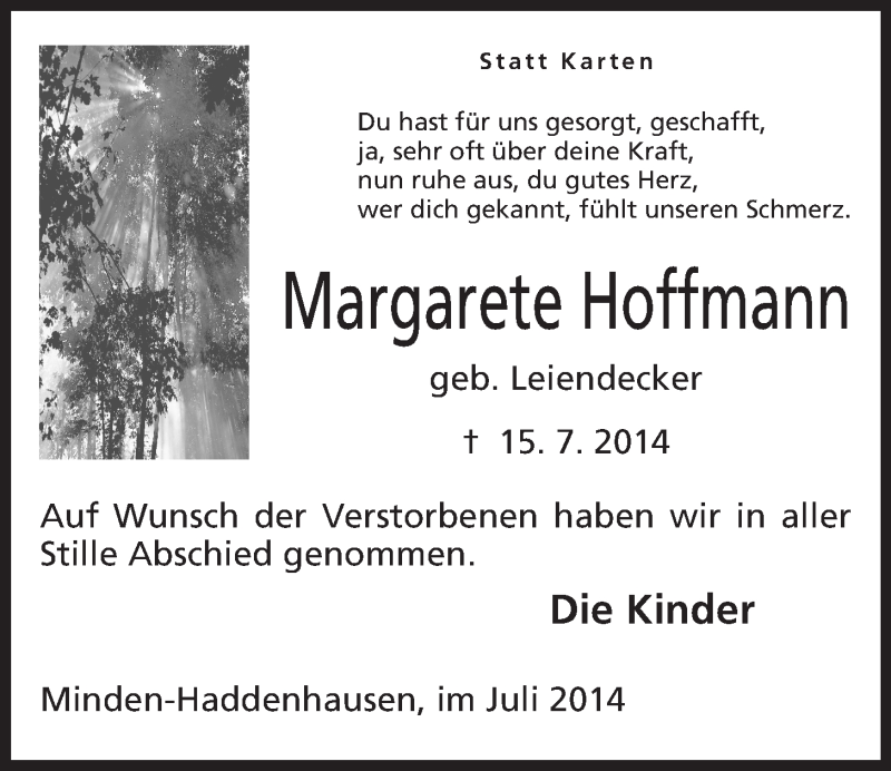  Traueranzeige für Margarete Hoffmann vom 30.07.2014 aus Mindener Tageblatt