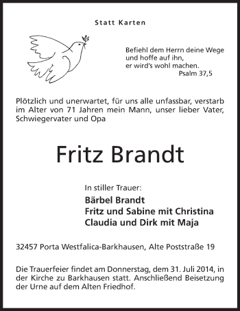 Anzeige von Fritz Brandt von Mindener Tageblatt
