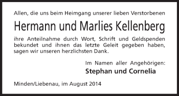 Anzeige von Hermann und Marlies Kellenberg von Mindener Tageblatt