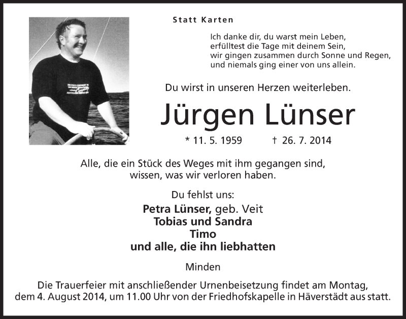  Traueranzeige für Jürgen Lünser vom 30.07.2014 aus Mindener Tageblatt