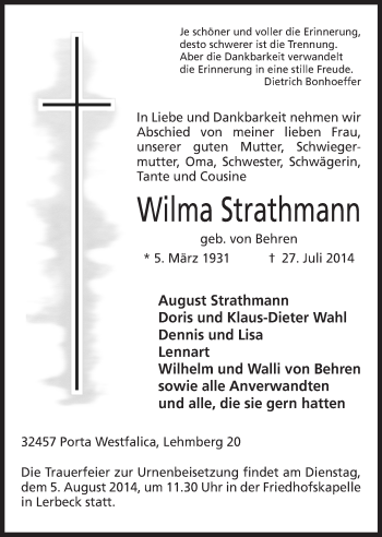 Anzeige von Wilma Strathmann von Mindener Tageblatt