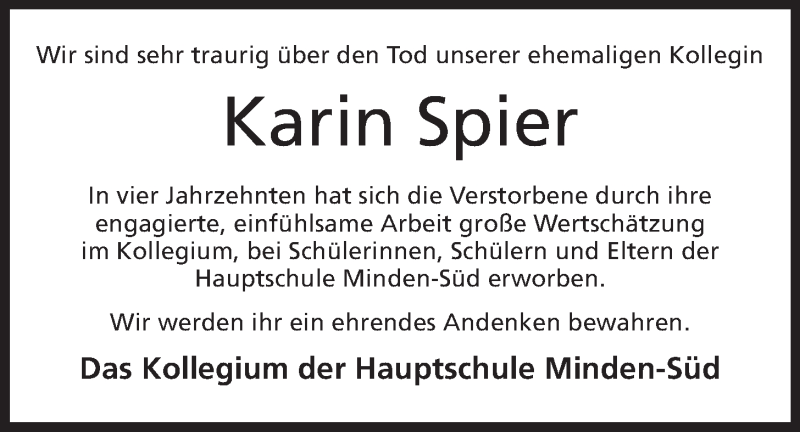  Traueranzeige für Karin Spier vom 02.08.2014 aus Mindener Tageblatt