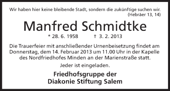 Anzeige von Manfred Schmidtke von Mindener Tageblatt