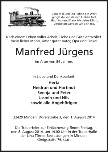 Anzeige von Manfred Jürgens von Mindener Tageblatt