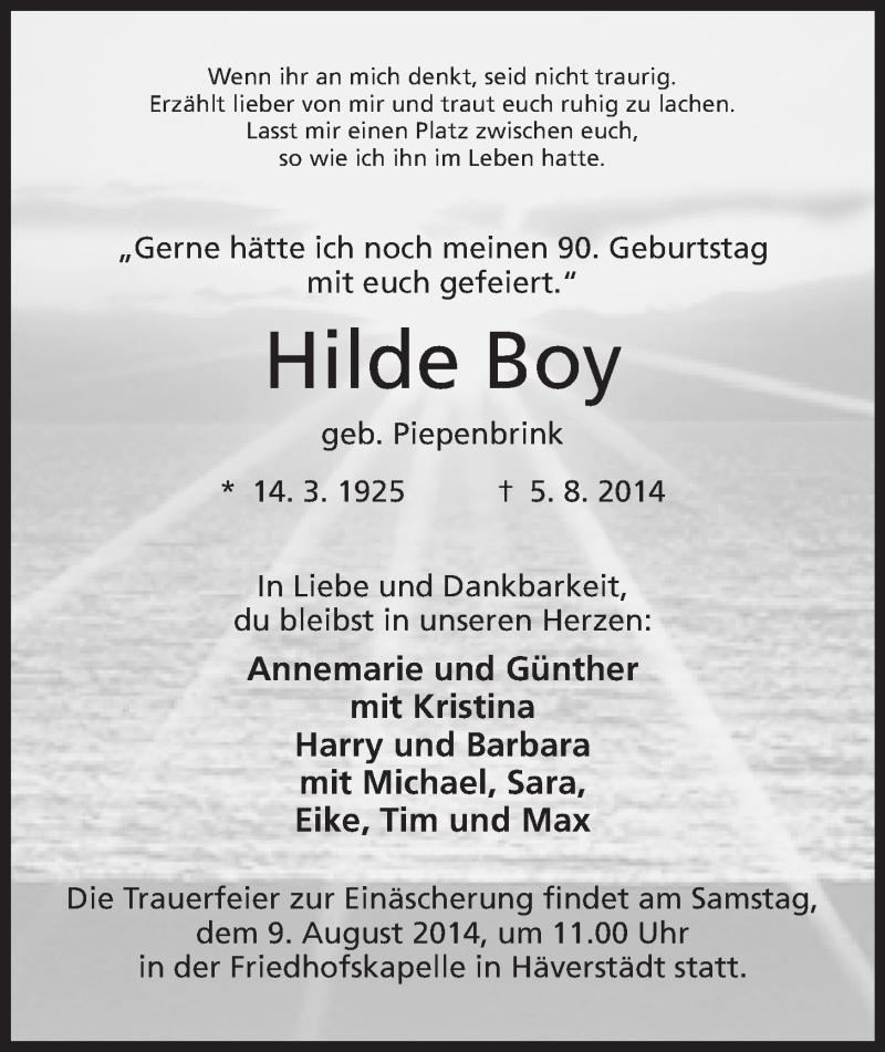 Traueranzeigen Von Hilde Boy Trauer Mt De