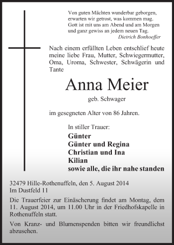 Anzeige von Anna Meier von Mindener Tageblatt