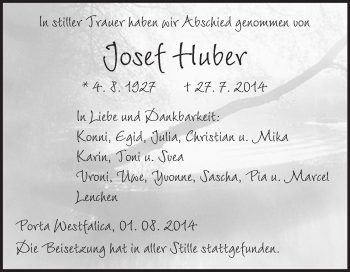 Anzeige von Josef Huber von Mindener Tageblatt