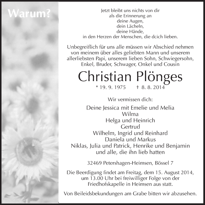  Traueranzeige für Christian Plönges vom 11.08.2014 aus Mindener Tageblatt