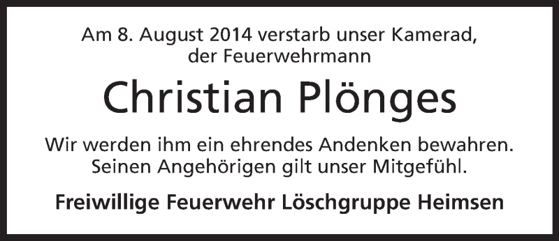 Traueranzeige für Christian Plönges vom 12.08.2014 aus Mindener Tageblatt