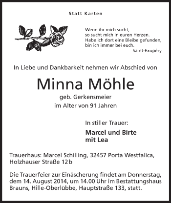 Anzeige von Minna Möhle von Mindener Tageblatt