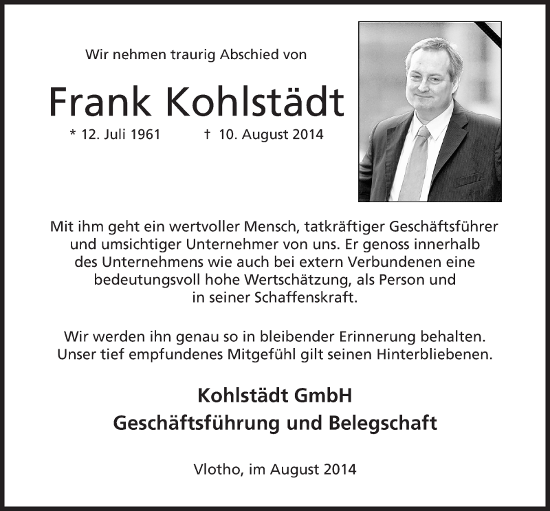  Traueranzeige für Frank Kohlstädt vom 16.08.2014 aus Mindener Tageblatt
