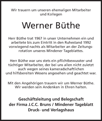 Anzeige von Werner Büthe von Mindener Tageblatt