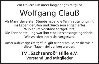 Anzeige von Wolfgang Clauß von Mindener Tageblatt