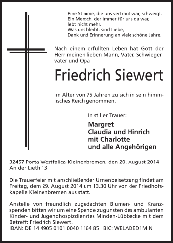 Anzeige von Friedrich Siewert von Mindener Tageblatt