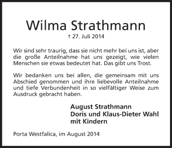 Anzeige von Wilma Strathmann von Mindener Tageblatt