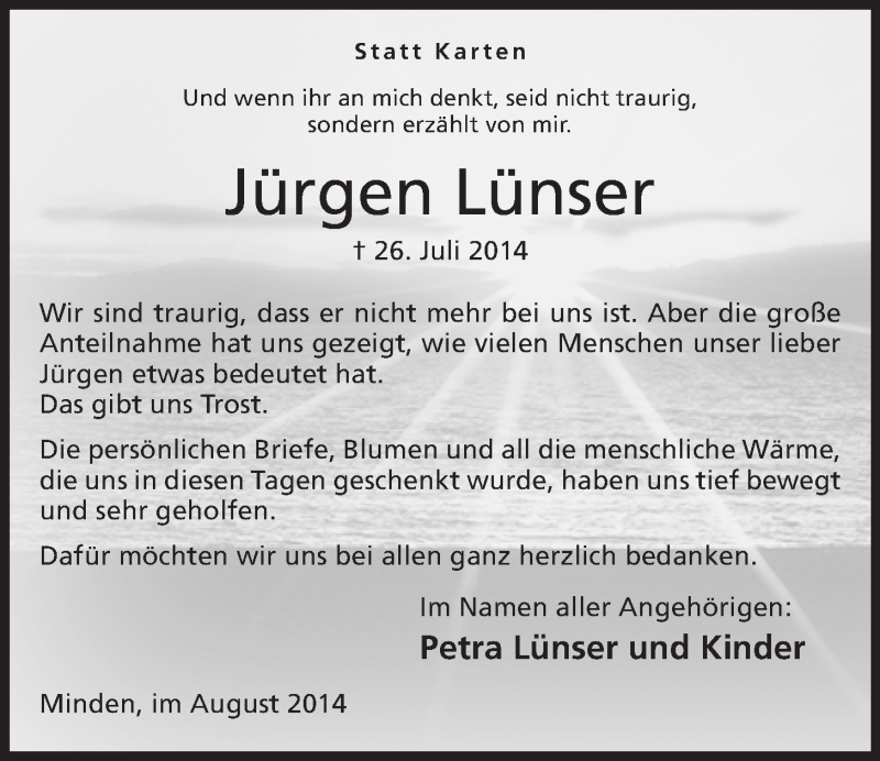  Traueranzeige für Jürgen Lünser vom 23.08.2014 aus Mindener Tageblatt