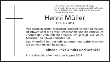 Anzeige von Henni Müller von Mindener Tageblatt