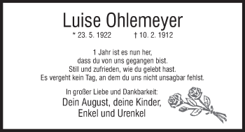 Anzeige von Luise Ohlemeyer von Mindener Tageblatt