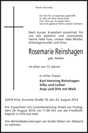 Anzeige von Rosemarie Reinshagen von Mindener Tageblatt