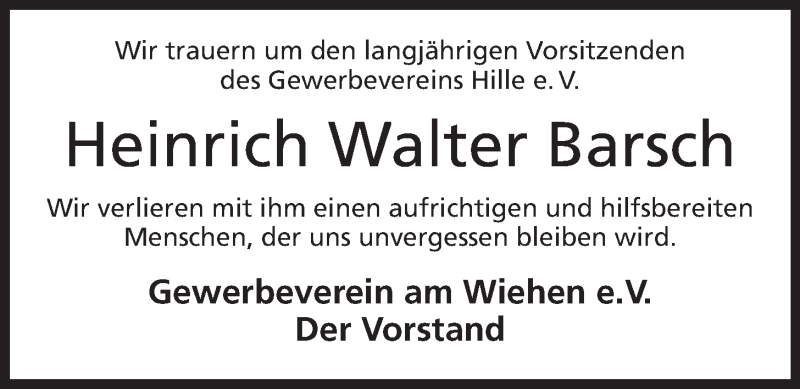  Traueranzeige für Heinrich Walter Barsch vom 07.02.2013 aus Mindener Tageblatt