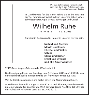 Anzeige von Wilhelm Ruhe von Mindener Tageblatt
