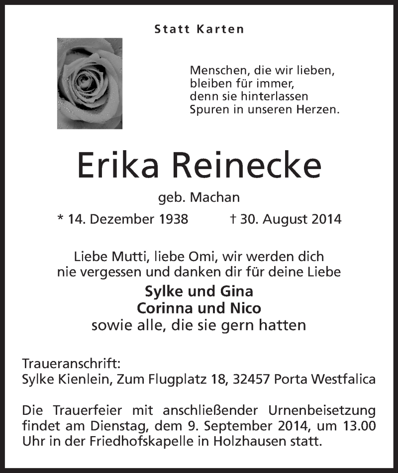  Traueranzeige für Erika Reinecke vom 03.09.2014 aus Mindener Tageblatt