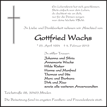 Anzeige von Gottfried Wachs von Mindener Tageblatt
