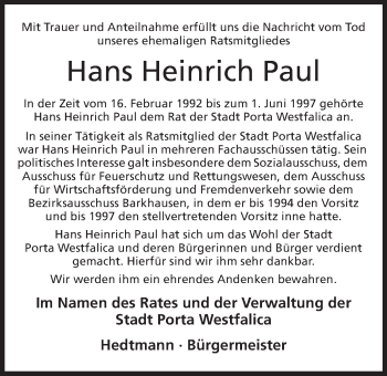 Anzeige von Heinrich Paul von Mindener Tageblatt