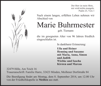 Anzeige von Marie Buhrmester von Mindener Tageblatt