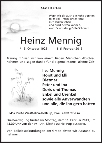 Anzeige von Heinz Mennig von Mindener Tageblatt