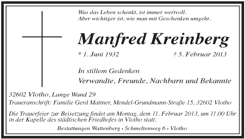  Traueranzeige für Manfred Kreinberg vom 09.02.2013 aus Mindener Tageblatt
