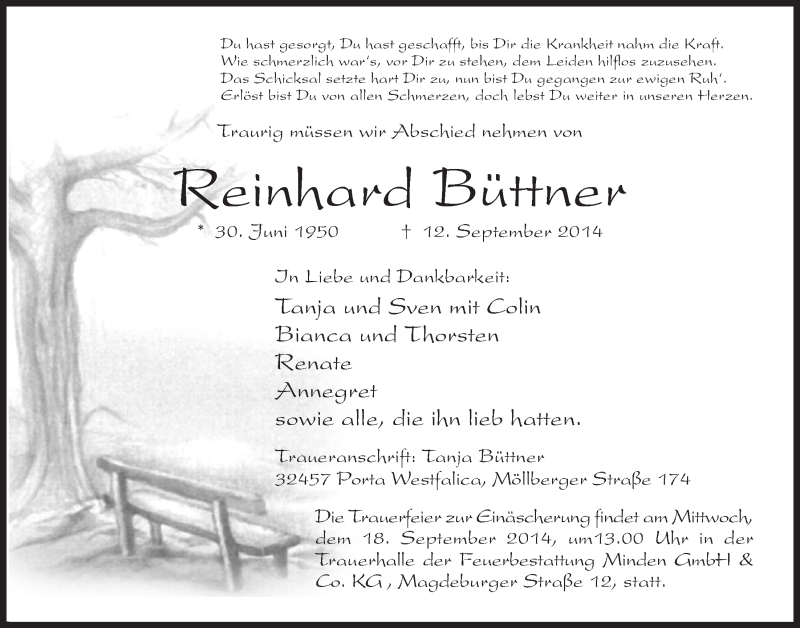  Traueranzeige für Reinhard Büttner vom 15.09.2014 aus Mindener Tageblatt