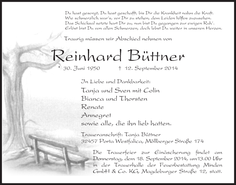  Traueranzeige für Reinhard Büttner vom 16.09.2014 aus Mindener Tageblatt