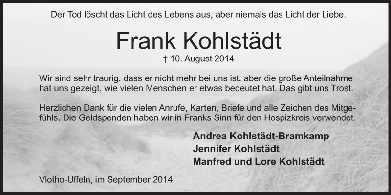  Traueranzeige für Frank Kohlstädt vom 20.09.2014 aus Mindener Tageblatt