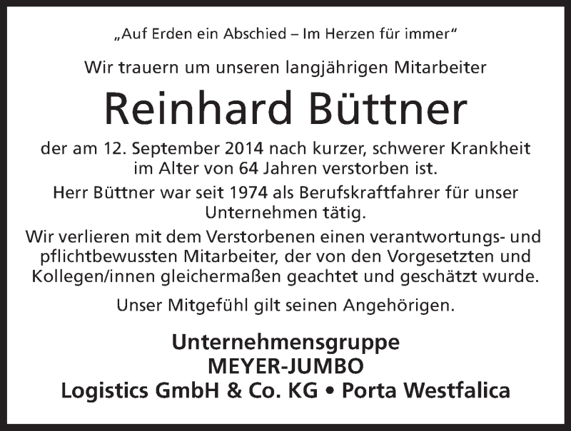  Traueranzeige für Reinhard Büttner vom 16.09.2014 aus Mindener Tageblatt